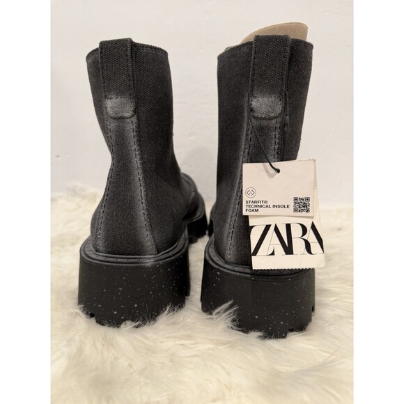 Zara Men Lace-Up Black Canvas Chunky Lug Style Boots Distressed US 7 EUR 40 NWT